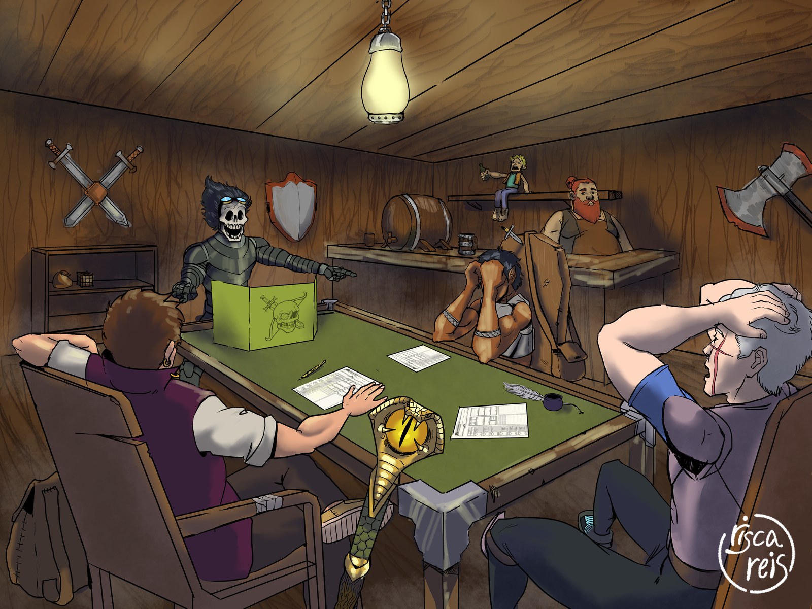 Ilustração de uma mesa de RPG com um mestre esqueleto atrás do biombo e jogadores reagindo em pânico